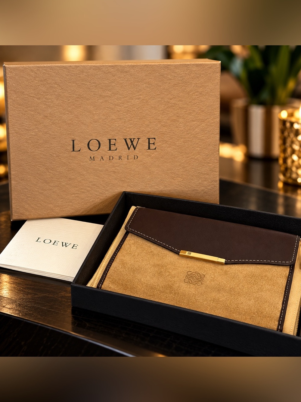 LOEWE Vintage Brown Leather Coin Card Pouch Wallet Box Dust Bag COA